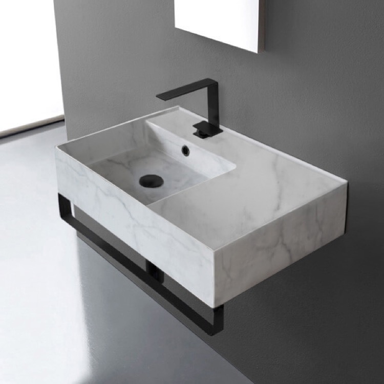 Scarabeo 5114-F-TB-BLK Marble Design Ceramic Wall Mounted Sink With Matte Black Towel Bar